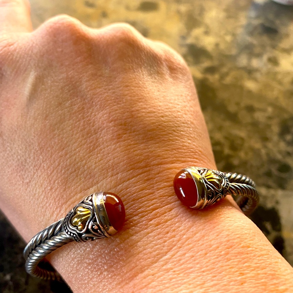 Samuel B. Sterling Silver 18K Gold with Coral Gemstones Hinged Cuff Bracelet - Picture 9 of 9